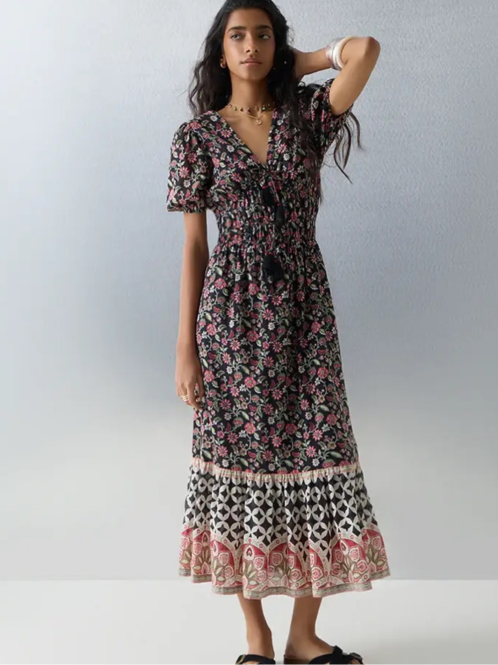 Bombay Paisley cotton bohemian  dark romantic floral tiered midi dress M,